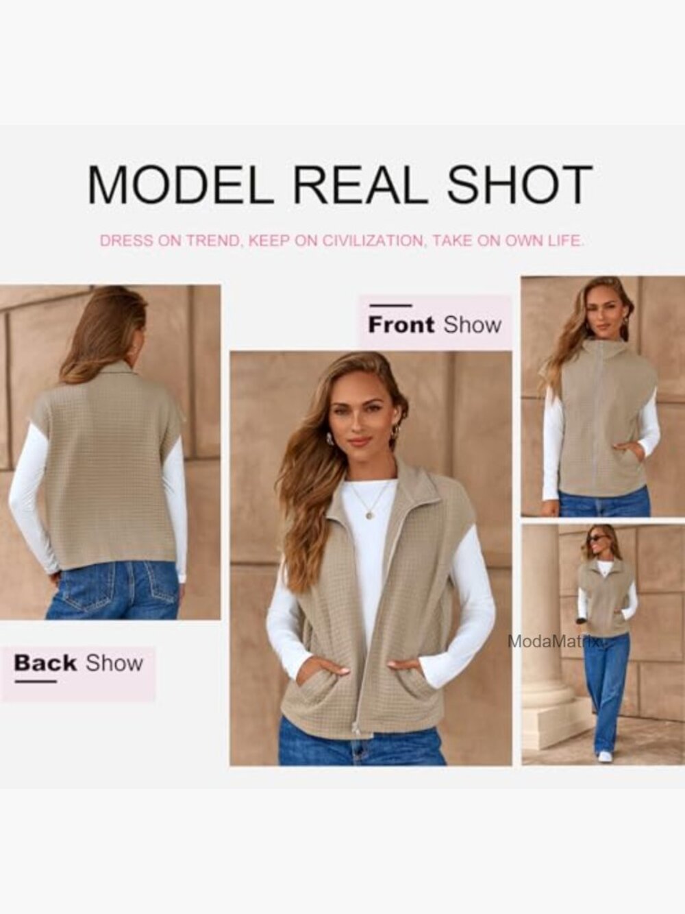 Sleeveless Zip Up Knit Vest with Pockets Loose Fit - Picture 6 of 7